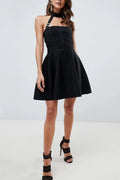 Flowering Girl Women Halter Neck Buckle Straps Bandage Mini Dress In Black