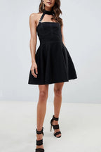 Flowering Girl Women Halter Neck Buckle Straps Bandage Mini Dress In Black
