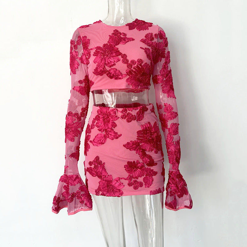 Flowering Girl Women Nefertiti Apricot Embroidered Floral Backless T-Shirt And Skirt Set