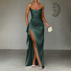 green suspender wrap maxi dress