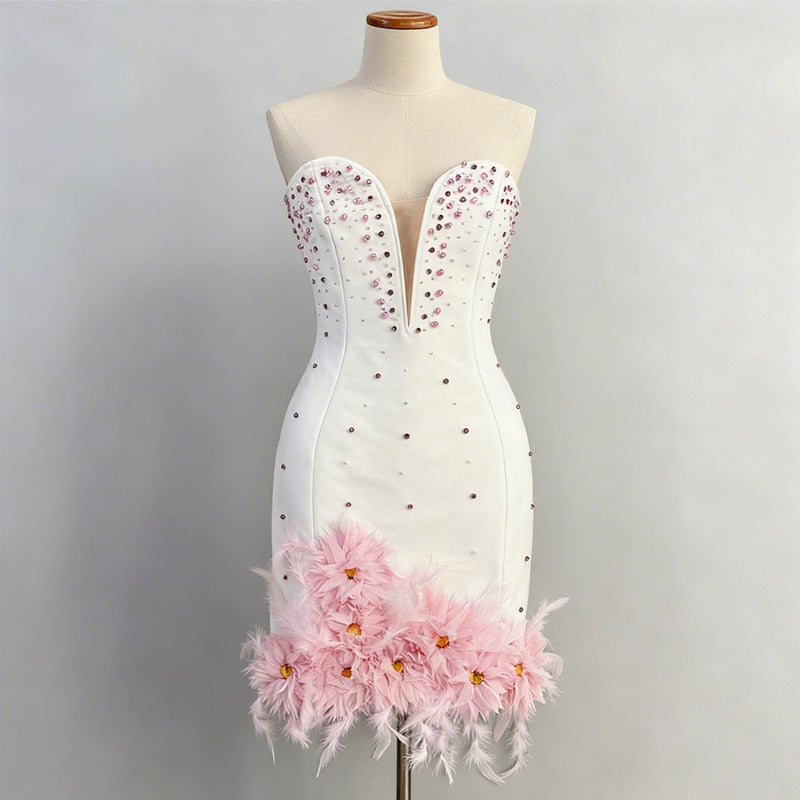 Tube Top deep V-neck pearl bodycon mini dress in pink