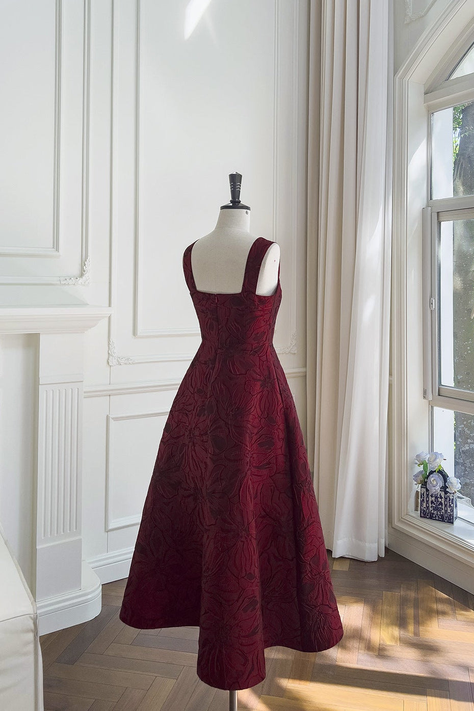Burgundy Jacquard Camisole Midi Dress