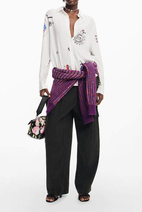 White Sun & Star Print Oversized Long Sleeve Shirt