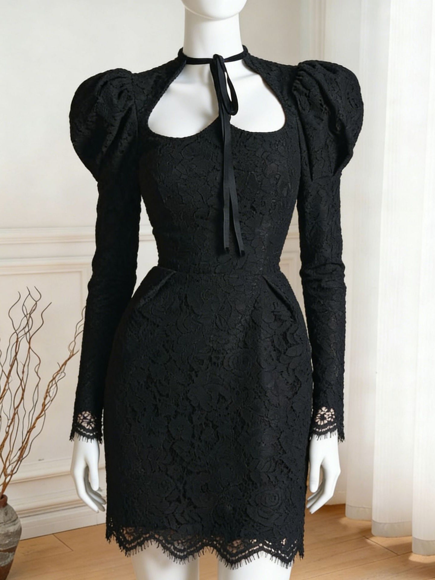 Lace Puff-Sleeve Mini Dress