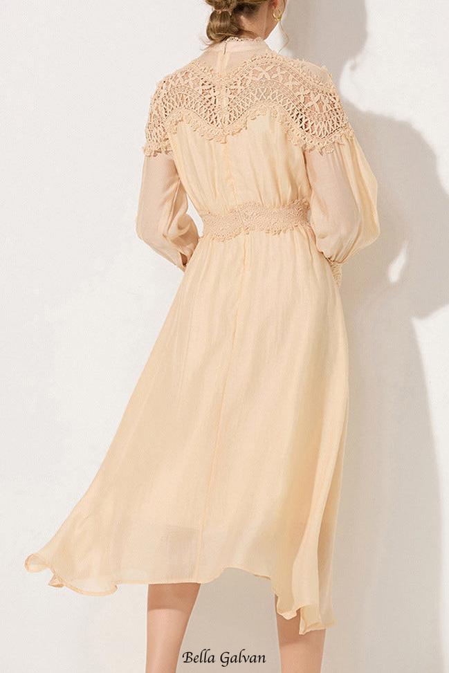 cecilia apricot Lantern sleeves openwork wavy trim midi dress