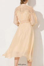 cecilia apricot Lantern sleeves openwork wavy trim midi dress