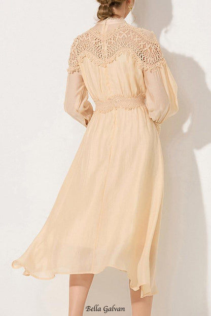 cecilia apricot Lantern sleeves openwork wavy trim midi dress