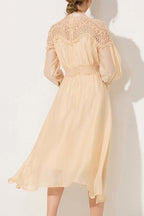 Cecilia Apricot Lantern Sleeves Openwork Wavy Trim Midi Dress
