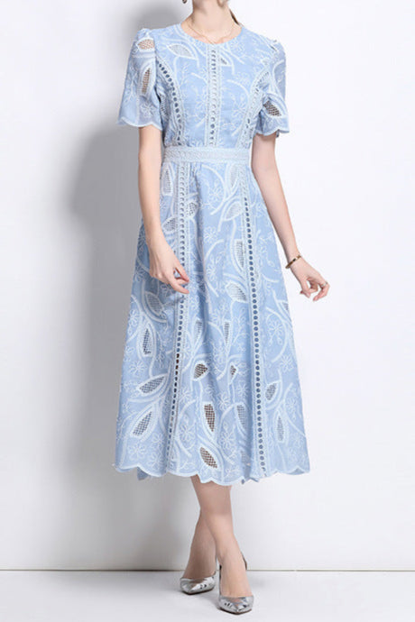 Flowering Girl Women dana hollow embroidery lace midi dress in blue