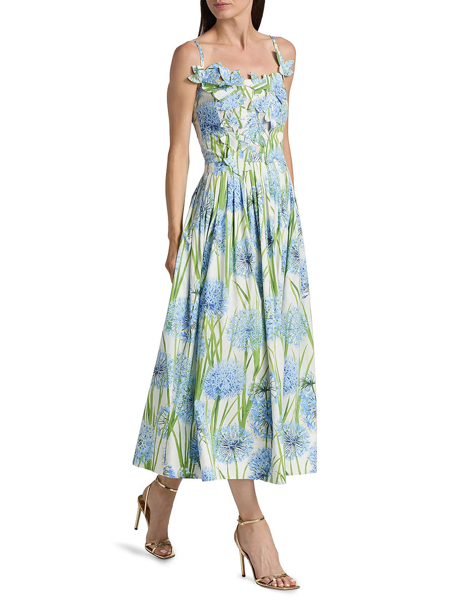 Flowering Girl Women Jolie Multicolor Floral Bow Embroidered Poplin Midi Dress