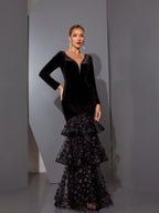 Eunice Black Flower Appliqué Fishtail Layer Velvet Maxi Dress
