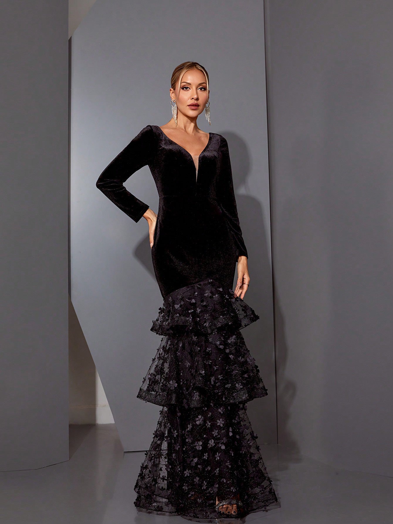 Eunice Black Flower Appliqué Fishtail Layer Velvet Maxi Dress