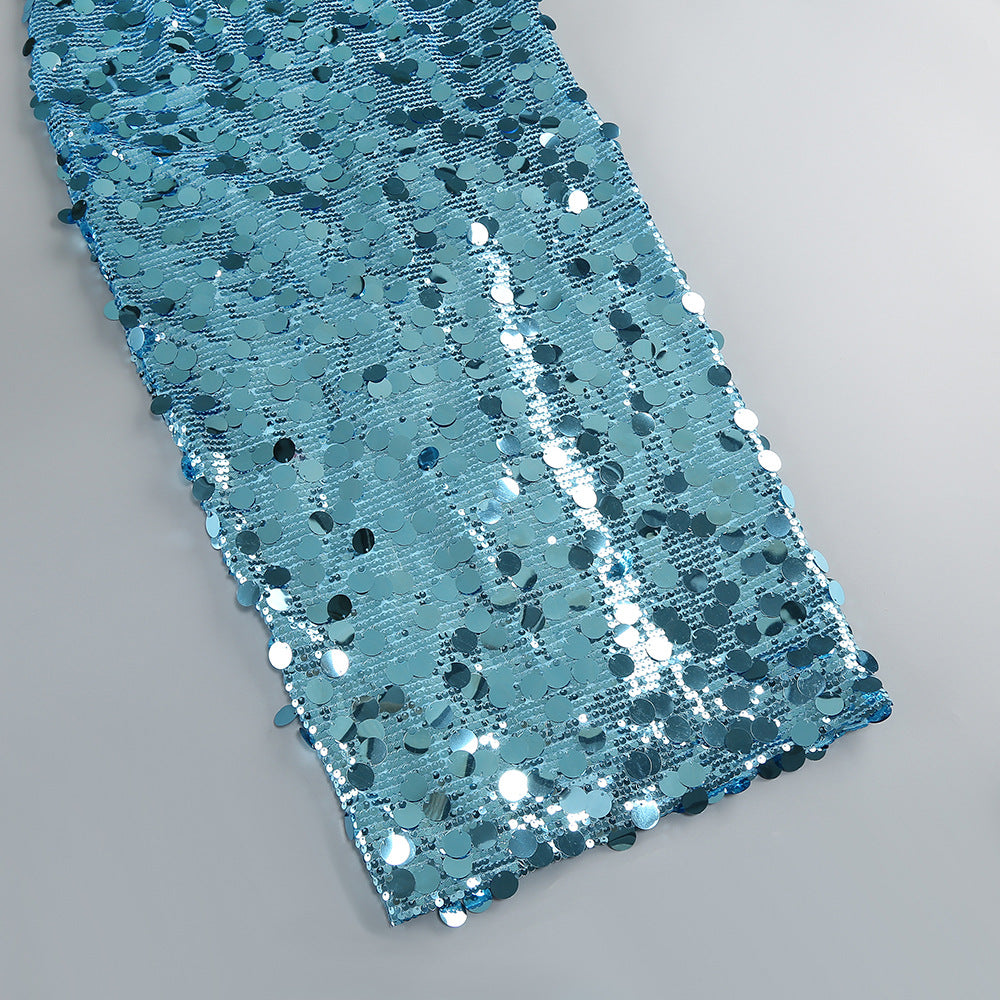 Carlin Sequin Deep V Strapless Maxi Dress In Blue