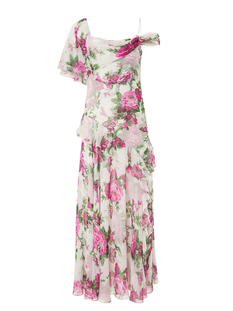 White Off-The-Shoulder Floral Printed Midi Dress