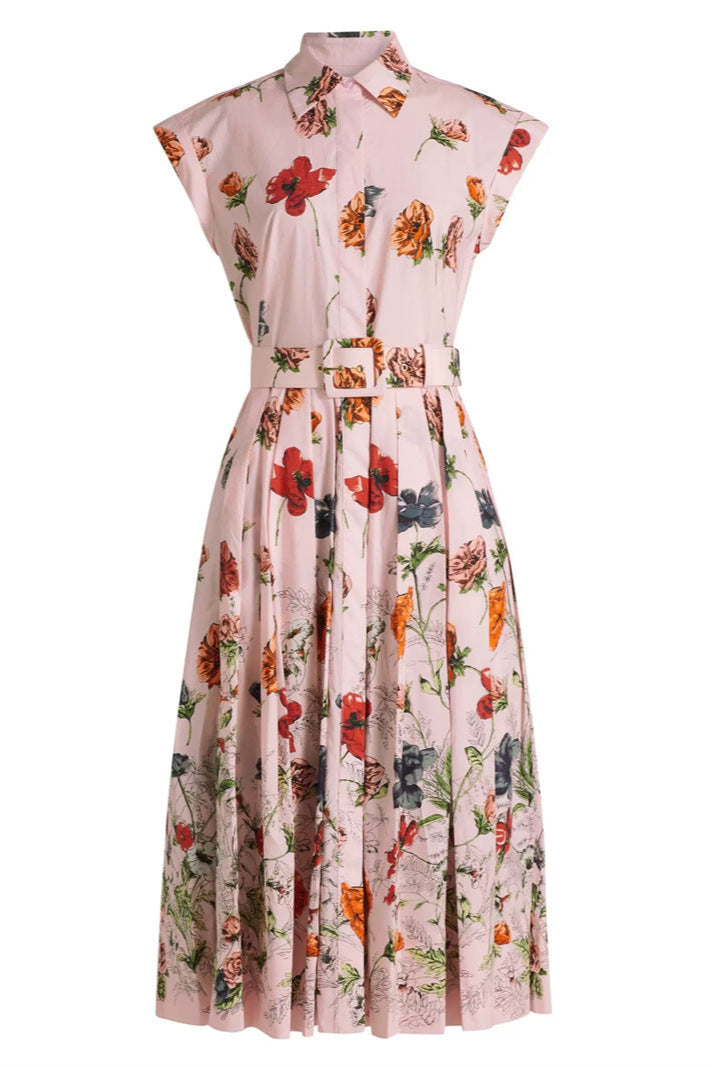 Flowering Girl Women Belted Pleated Floral-Print Cotton-Poplin Midi Shirt Dress - Pink