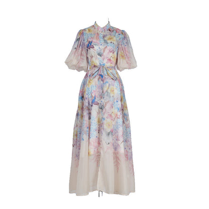 Pink Floral Print Mandarin Collar Chiffon Maxi Dress