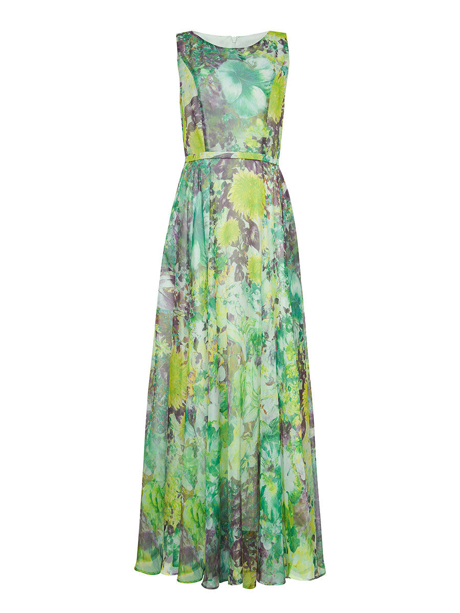 Green Flower Sleeveless Large Swing Maxi Dress