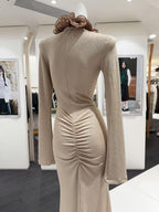 rachel Contour Long Sleeve Ruffle Knit Maxi Dress in pale brown