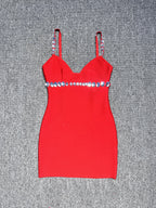 Karen V-Neck Rhinestone Embellished Stretch Bodycon Mini Dress In Red