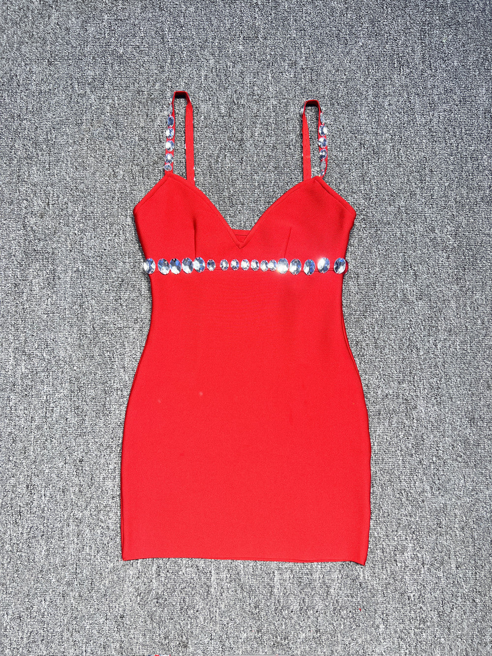 Karen V-Neck Rhinestone Embellished Stretch Bodycon Mini Dress In Red