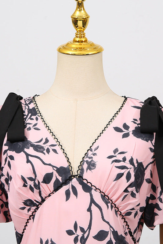 Flowering Girl Women v-Neck Satin Floral Midi Dress In Pink