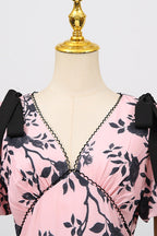 Flowering Girl Women v-Neck Satin Floral Midi Dress In Pink