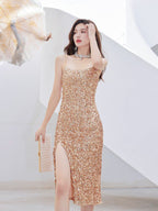 Frederica Sequin Strappy Midi Dress - Gold