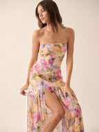 Flowering Girl Women off-shoulder floral print high slit pleated mesh maxi dress