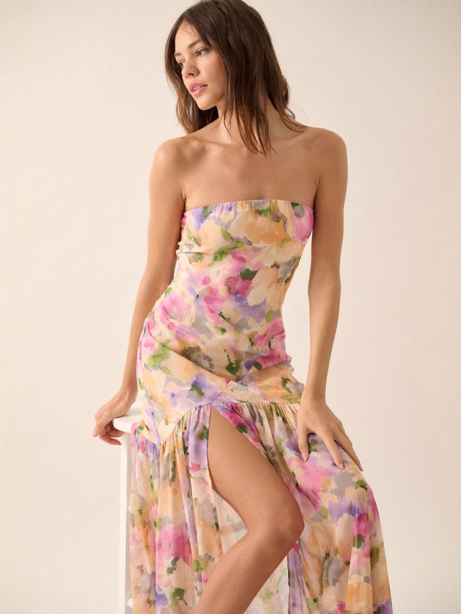 Flowering Girl Women off-shoulder floral print high slit pleated mesh maxi dress