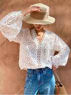 White V-Neck Eyelet Lace Blouse With Balloon Sleeves