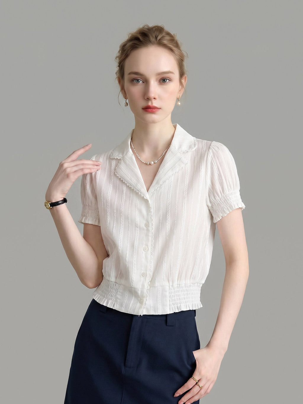 Flowering Girl Women Lace Trim Notched Collar Ruched Crop Short Sleeve Blouse