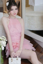 Flowering Girl Women 3d Flower Halter Ruffle Layer Mini Dress In Pink