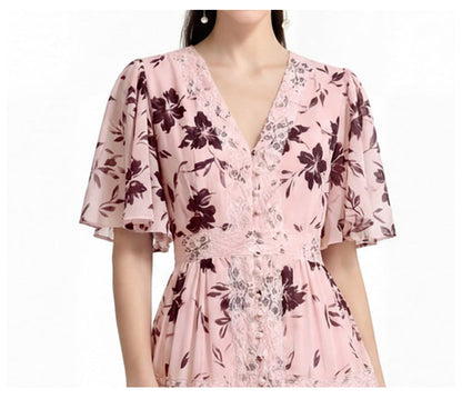 ashley V-neck lace trim printed maxi dress - pink
