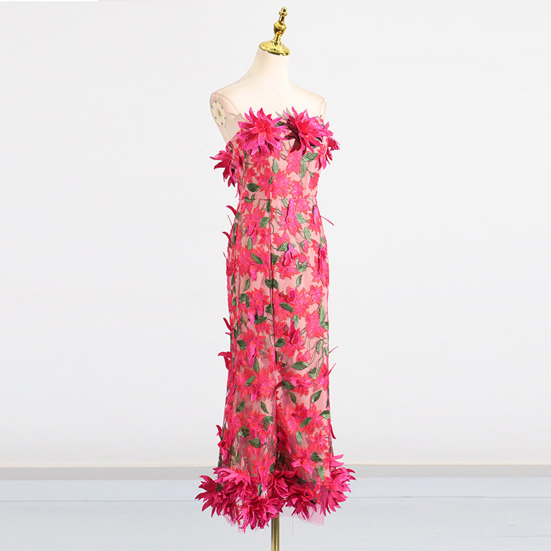 Flowering Girl Women 3D flower embroidery strapless midi dress in rose red