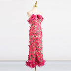 Flowering Girl Women 3D flower embroidery strapless midi dress in rose red