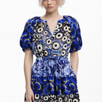 Blue Mixed Print Puff Sleeve Tiered Midi Dress