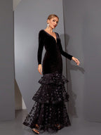 eunice black flower appliqué fishtail layer velvet maxi dress