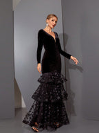 Eunice Black Flower Appliqué Fishtail Layer Velvet Maxi Dress