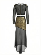 Flowering Girl Women Eudora Gold Sequin Mesh Patchwork Sheer Two-Piece Set