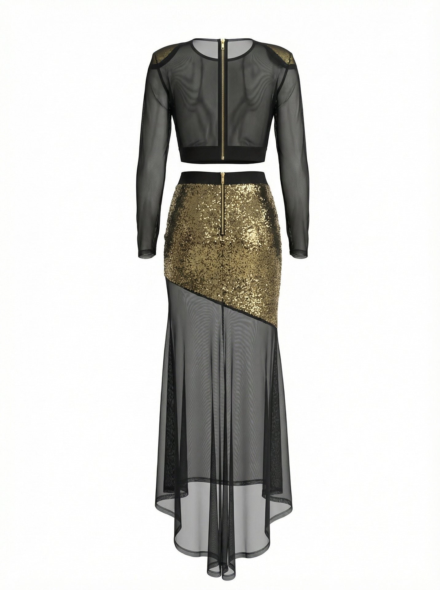 Flowering Girl Women Eudora Gold Sequin Mesh Patchwork Sheer Two-Piece Set