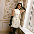 Flowering Girl Women Stand Collar Gold Button Sleeveless Mini Dress