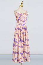 Flowering Girl Women Pleated Floral-Print Linen Bustier Top Skirt Set In Blue