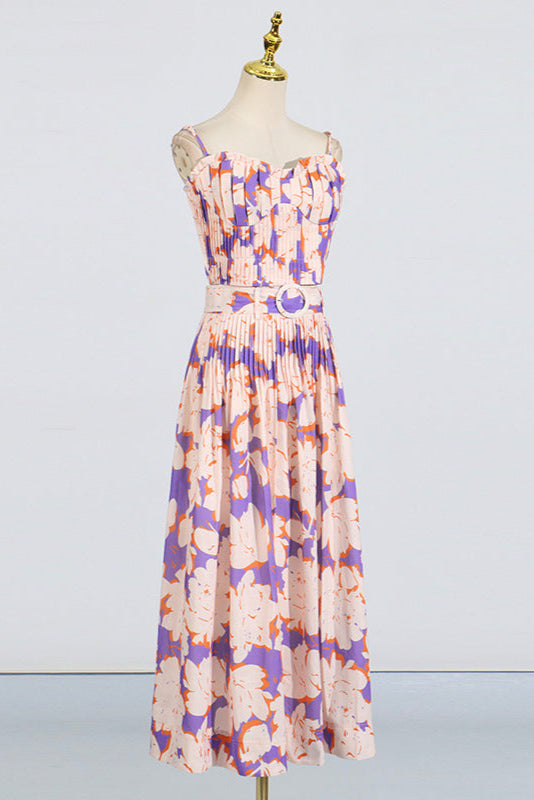 Flowering Girl Women Pleated Floral-Print Linen Bustier Top Skirt Set In Blue