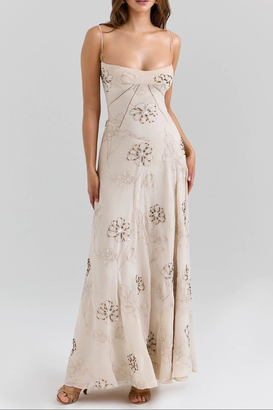 Flowering Girl Women Vintage embroidered hollow slip maxi dress - white