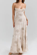 Beige Floral Beaded Spaghetti Strap Maxi Dress