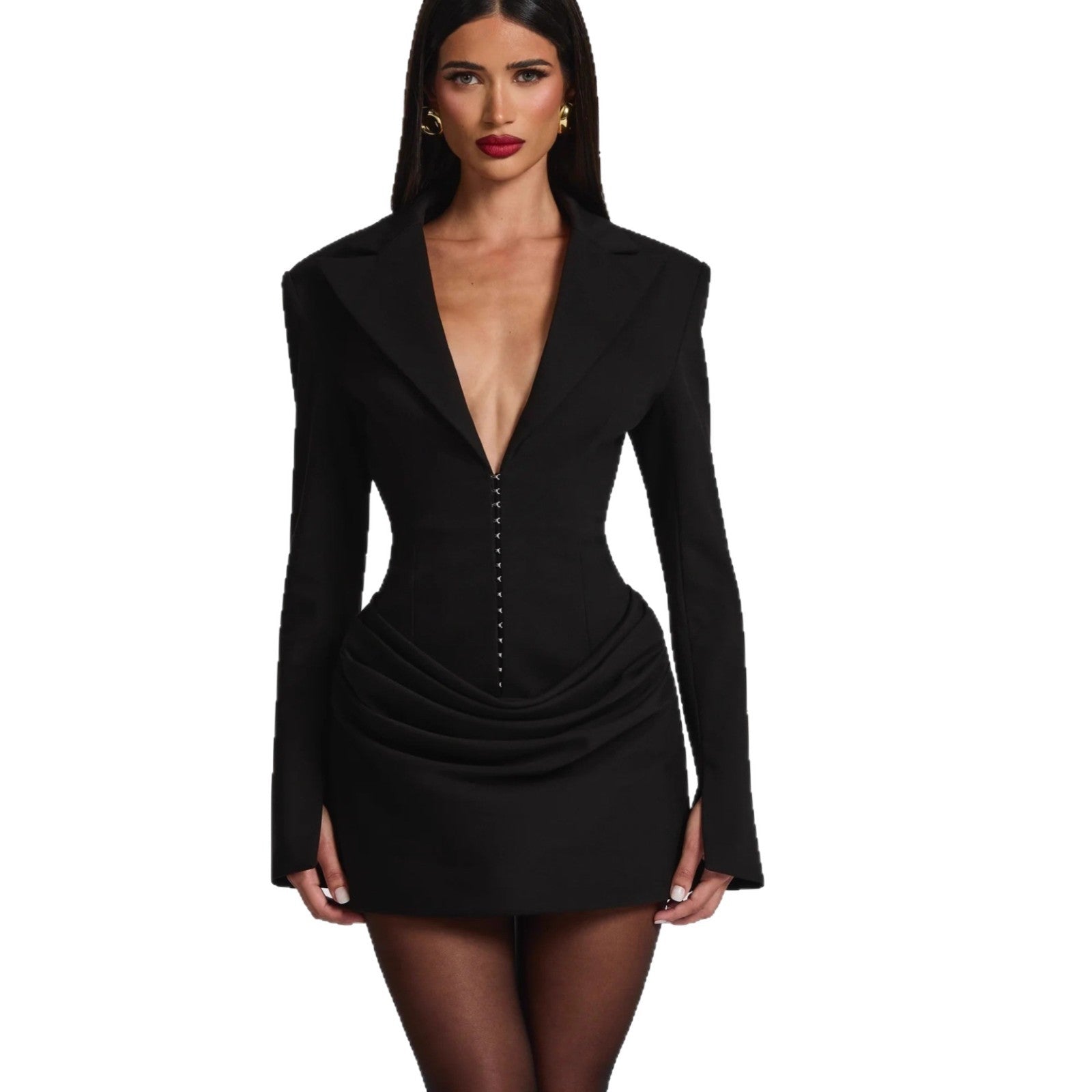 Flowering Girl Women black deep V long sleeve mini dress
