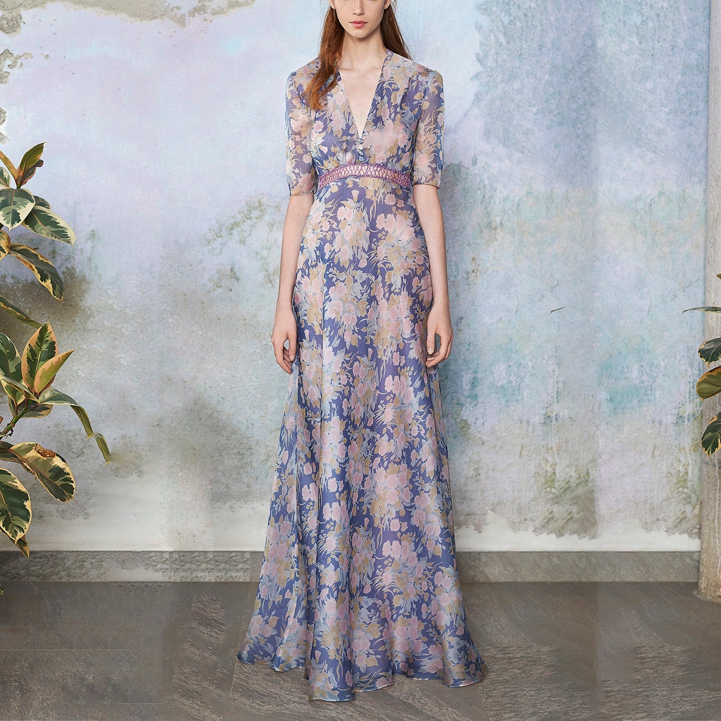 Purple Floral Printed V-Neck Maxi Dress
