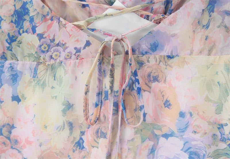 rebecca Floral print ruffle backless maxi dress - blue