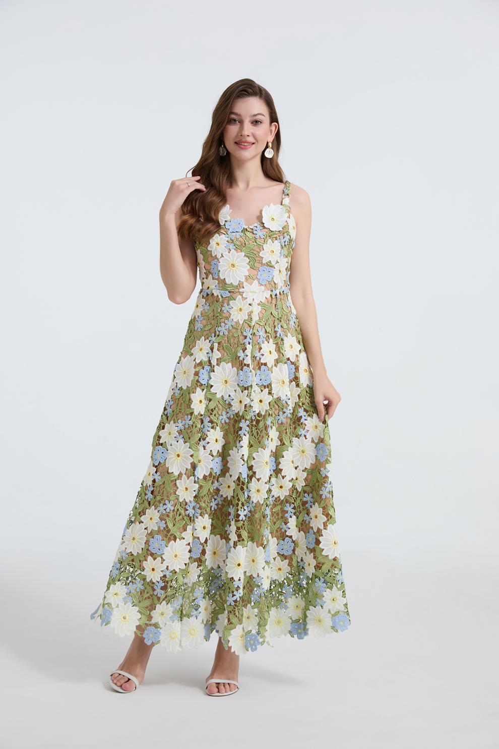 Flowering Girl Women celeste floral hollow stitching maxi dress in green
