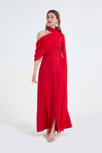 Flowering Girl Women tammy Tailored One-Shoulder Detachable Collar Maxi Dress in red